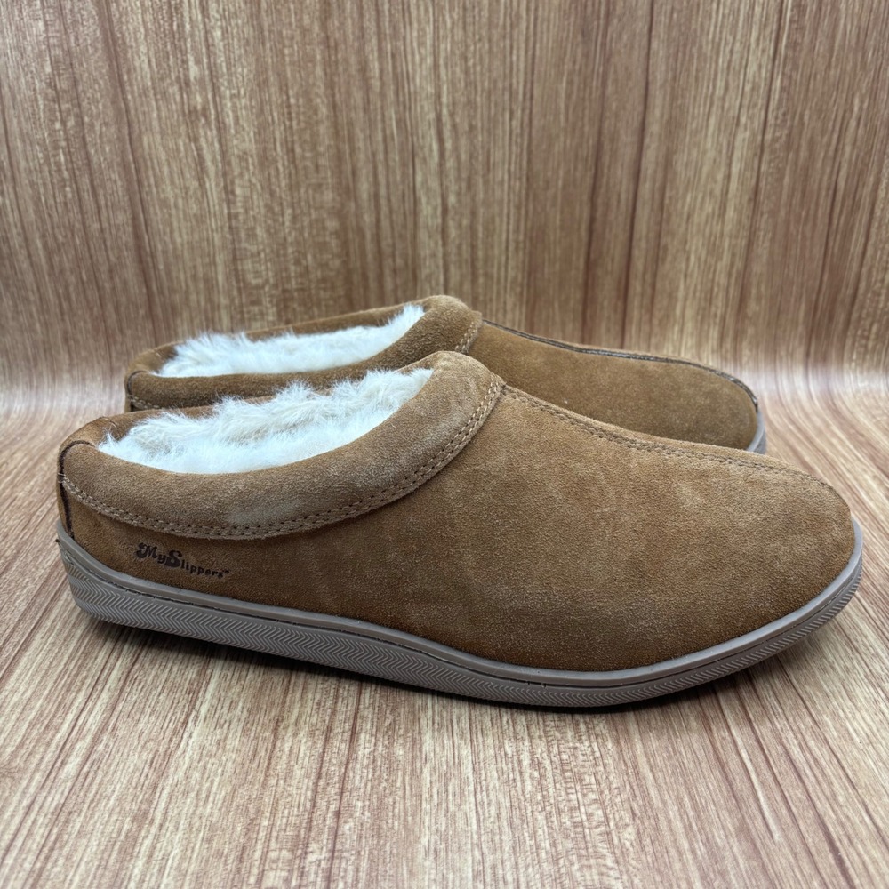 MySlippers Suede Clogs Men Size‎ 10 Tan Excellent Faux Fur Lined Slip On 74018